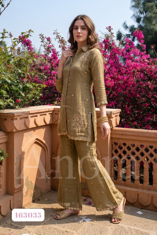 Elegant Olive Gold Salsa two piece Set with Embellished Collar Kurti & Flared Palazzo