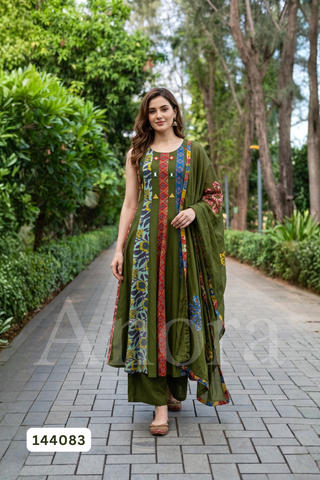 Elegant Olive Green Silk Flair Sleeveless Kurti, Palazzo & Dupatta Palazzo Set with Printed Panels & Mirror Work