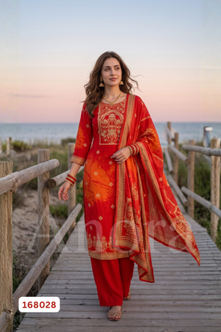Elegant Red Orange Gajji Silk Kurti, Palazzo & Dupatta Palazzo Set with Embroidered Yoke & Gold Border Detailing