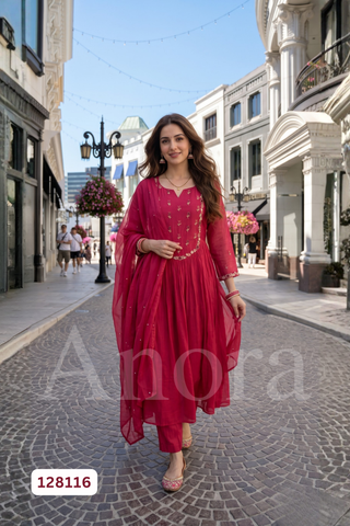 Elegant Crimson Pink Mul Chanderi Flared Palazzo Set with Dupatta