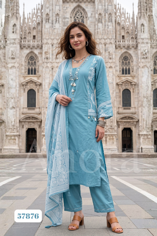 Elegant Blue Cotton Palazzo Set with Mirror Work & Dupatta
