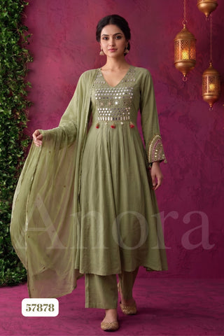 Olive Green Cotton Flair Kurti with Plazo and Dupatta Featuring Mirror Work and Tassels