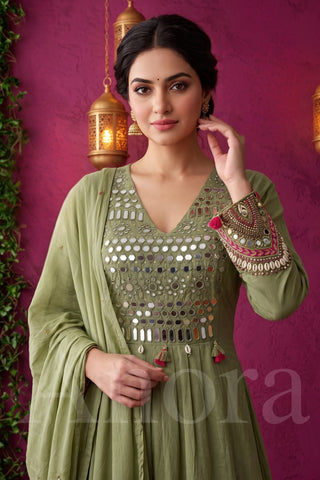Olive Green Cotton Flair Kurti with Plazo and Dupatta Featuring Mirror Work and Tassels
