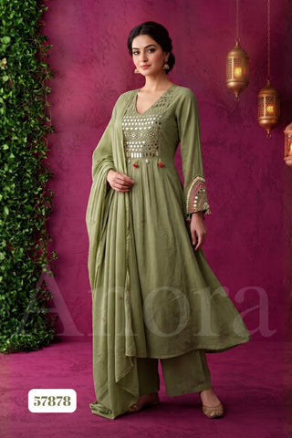 Olive Green Cotton Flair Kurti with Plazo and Dupatta Featuring Mirror Work and Tassels