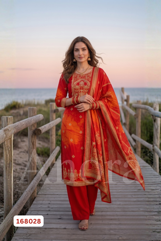 Elegant Red Orange Gajji Silk Kurti, Palazzo & Dupatta Palazzo Set with Embroidered Yoke & Gold Border Detailing