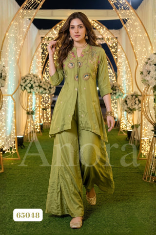 Elegant Olive Green Tissue Silk Embroidered Two-Piece Set