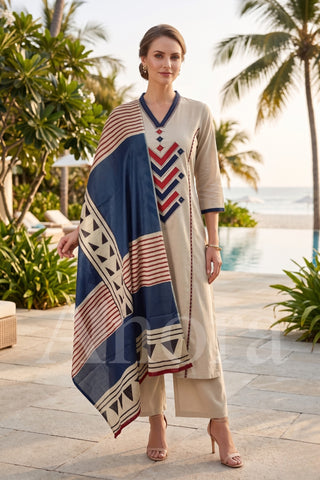 Beige Geometric V-Neck Kurta Set with Contrasting Dupatta