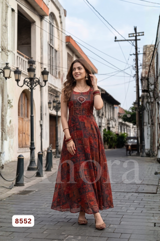 Elegant Maroon Tissue Sleeveless Anarkali Gown with Patchwork Print & Embellished Yoke