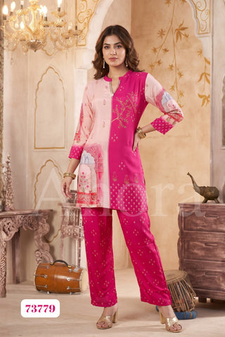 Elegant Pink Classic Silk Printed Two-Piece Set
