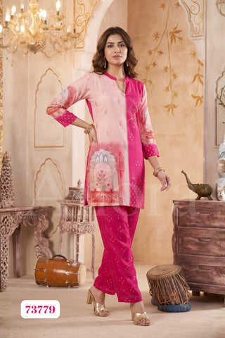 Elegant Pink Classic Silk Printed Two-Piece Set