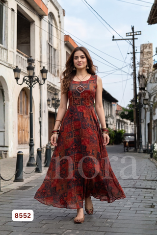 Elegant Maroon Tissue Sleeveless Anarkali Gown with Patchwork Print & Embellished Yoke
