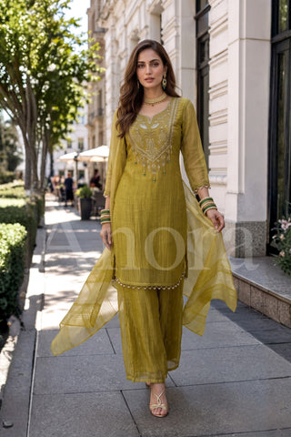 Heavily Embroidered Olive Green Kurta Palazzo Set