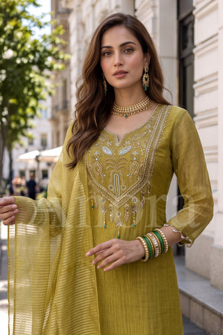 Heavily Embroidered Olive Green Kurta Palazzo Set