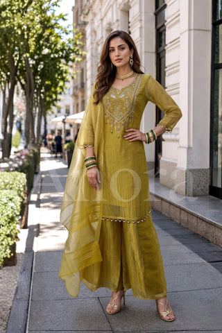 Heavily Embroidered Olive Green Kurta Palazzo Set