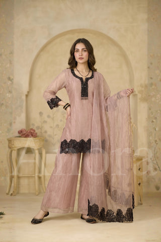 Blush Rose Shimmer Palazzo Set with Black Floral Appliqué