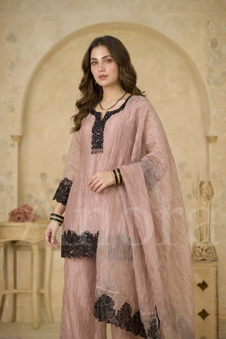 Blush Rose Shimmer Palazzo Set with Black Floral Appliqué