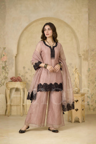 Blush Rose Shimmer Palazzo Set with Black Floral Appliqué