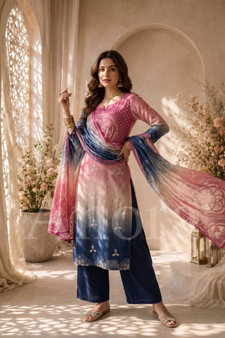 Elegant Pink & Blue Ombre Printed Kurta Set with Palazzo & Dupatta