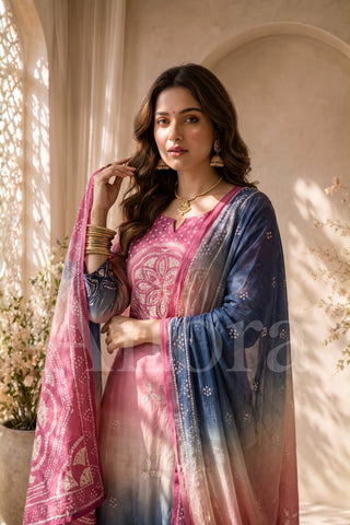Elegant Pink & Blue Ombre Printed Kurta Set with Palazzo & Dupatta