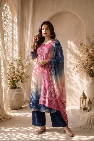 Elegant Pink & Blue Ombre Printed Kurta Set with Palazzo & Dupatta