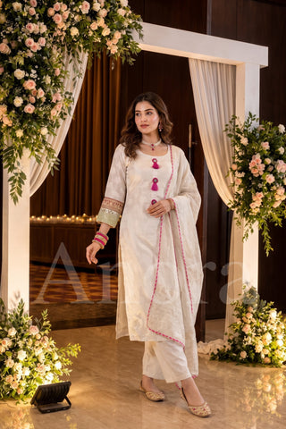 Anora Women's Cream Self-Design Jacquard Kurta Set with Trousers & Sheer Dupatta