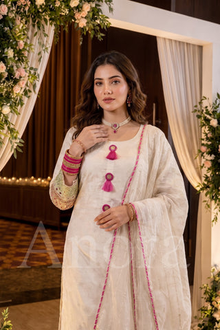 Anora Women's Cream Self-Design Jacquard Kurta Set with Trousers & Sheer Dupatta