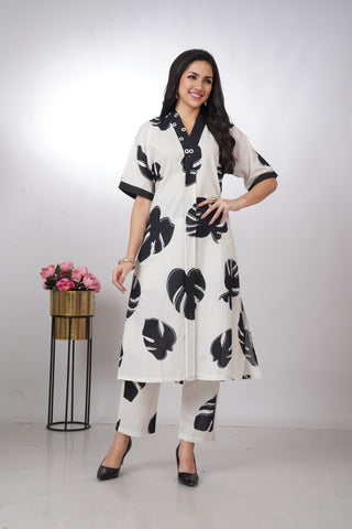 Black and White cotton Kurta set - Anora
