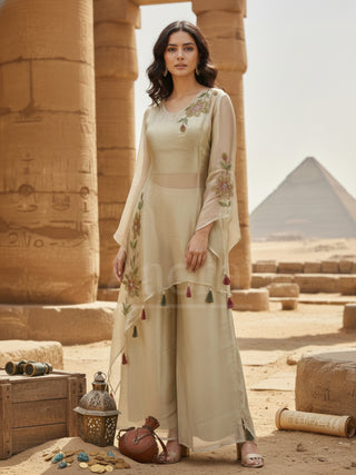 Beige Embroidered Palazzo Set