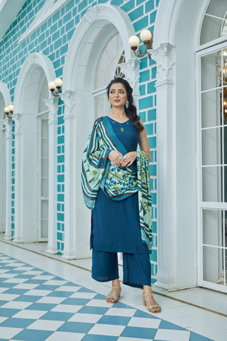 Blue Silk Kurta set and Light Green Floral Dupatta