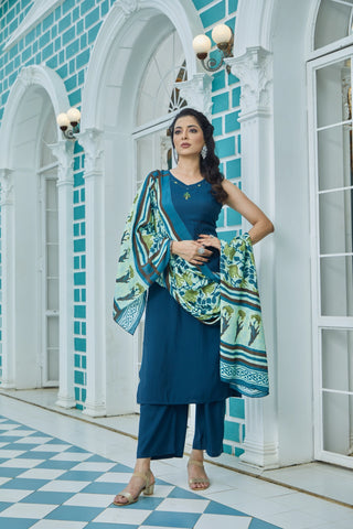 Blue Silk Kurta set and Light Green Floral Dupatta