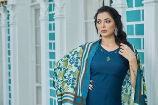 Blue Silk Kurta set and Light Green Floral Dupatta