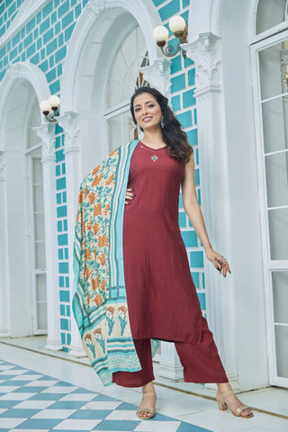 Casual Maroon Silk Kurta Set