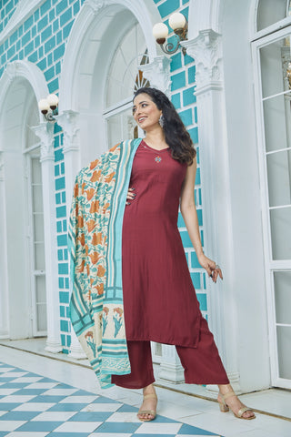 Casual Maroon Silk Kurta Set