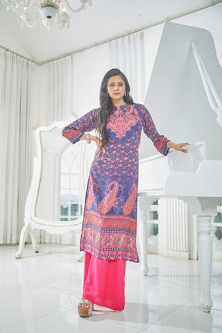 A-Line Kurti with Multicolored Floral and Geometric Patterns