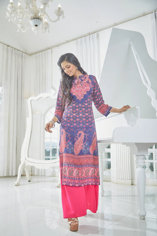 A-Line Kurti with Multicolored Floral and Geometric Patterns