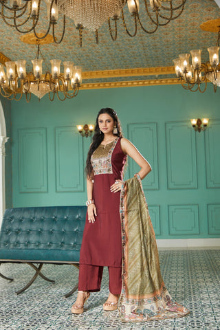 Silk Maroon Kurta set with Minimalist Embroidery