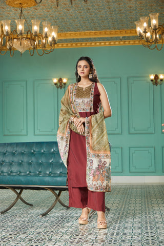 Silk Maroon Kurta set with Minimalist Embroidery