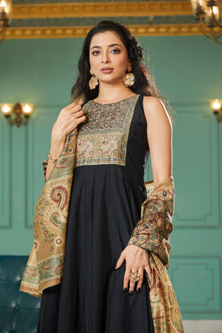 Black Silk Embroidered Flair Kurta Set