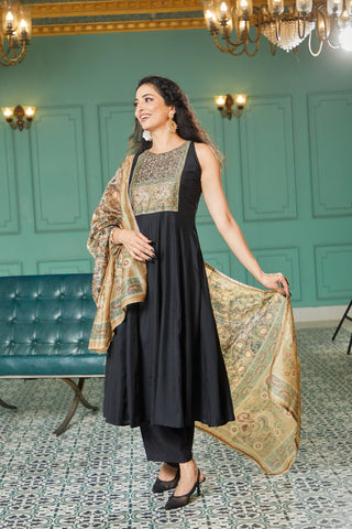 Black Silk Embroidered Flair Kurta Set