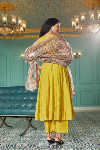 Yellow Silk Embroidered Kurta Set with Multicolored Dupatta