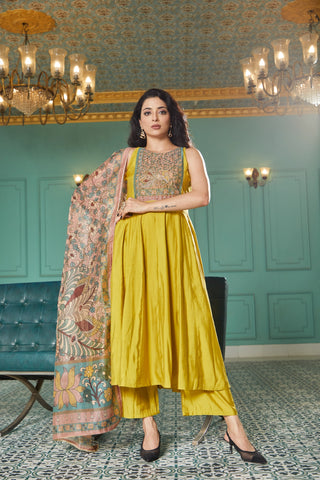 Yellow Silk Embroidered Kurta Set with Multicolored Dupatta