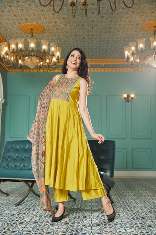 Yellow Silk Embroidered Kurta Set with Multicolored Dupatta