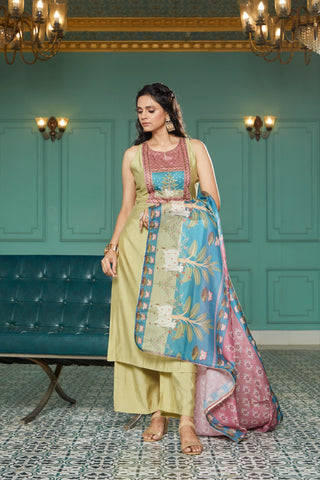 Pista Green Silk Kurta Set with Floral Pink Dupatta