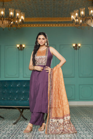 Purple Silk Embroidered Kurta Set