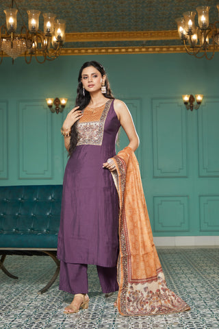 Purple Silk Embroidered Kurta Set