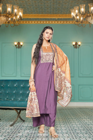 Purple Silk Embroidered Kurta Set