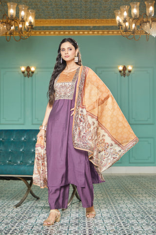 Purple Silk Embroidered Kurta Set