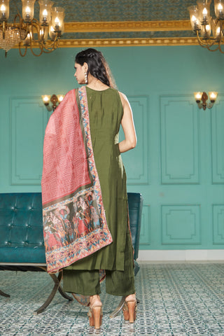 Olive Green Silk Geometric Embroidered Kurta Set