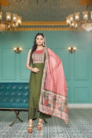 Olive Green Silk Geometric Embroidered Kurta Set