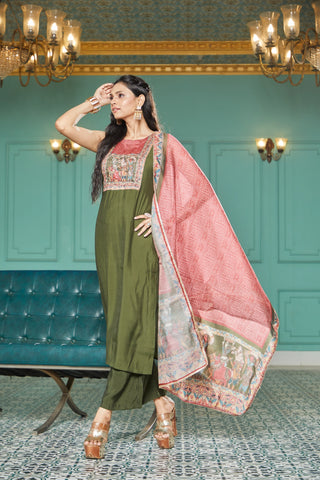 Olive Green Silk Geometric Embroidered Kurta Set